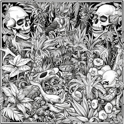 Lush jungle in Detmold style, coloring page