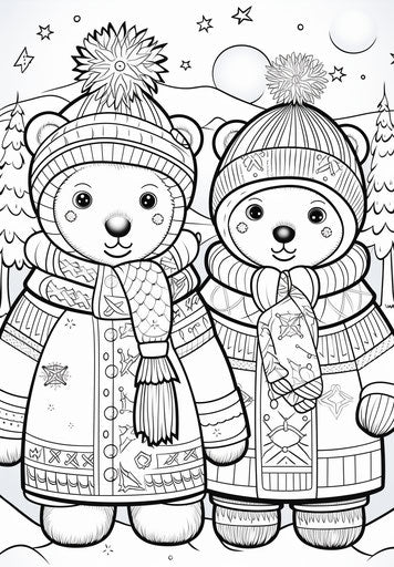 Winter snowmen and polar bear coloring pages, toyism style, charming characters