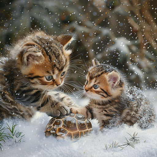Tortoise cat kittens playing in the snow