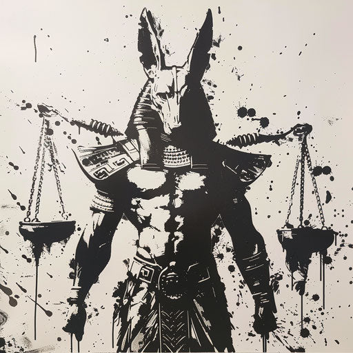 Anubis with scales of justice, stencil style drawing on a white canvas