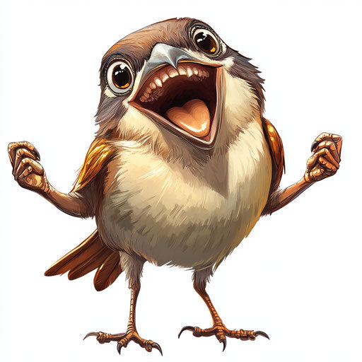 Humorous caricature of a sparrow with big teeth