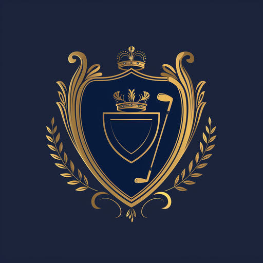 Traditional golf emblem with shield on navy blue background