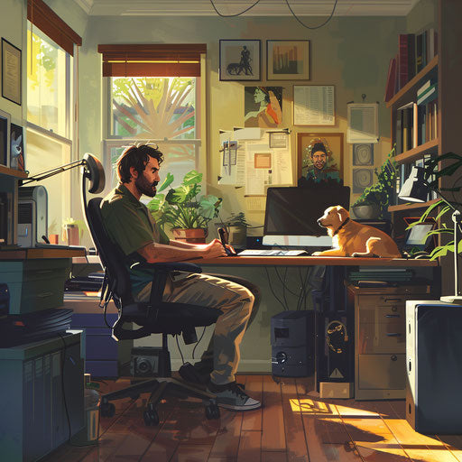 A man working in his home office with a dog on a chair watching him work