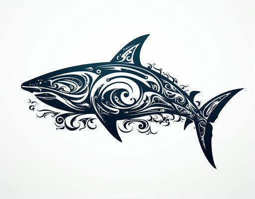 Tribal shark on white canvas, maori art, free lines