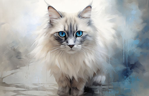Light cat looking at camera, light beige and dark blue style