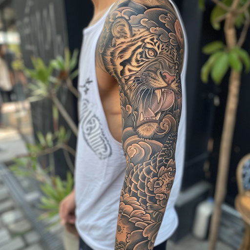 Arm tattoo with fierce animal designs, Ami James style