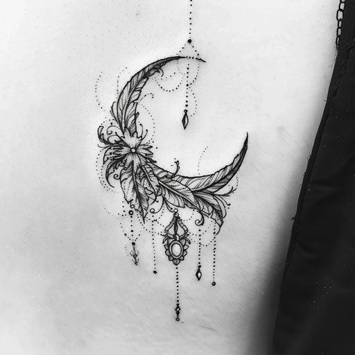 Bohemian tattoo sketch of a crescent moon with dangling feathers and beads
