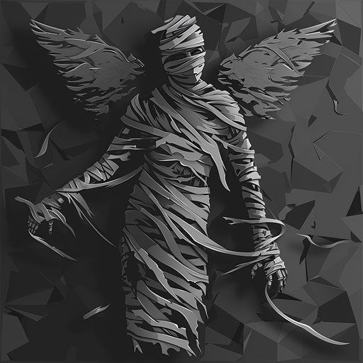 Mummy clipart in photo realistic style with a flat random background, monochrome palette and detailed wings