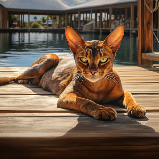 Abyssinian cat lying on a dock
