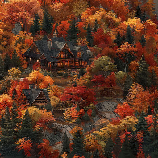 Mountain lodge surrounded by vibrant autumn foliage