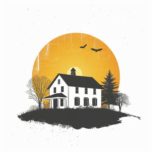 Farmhouse B&B Logo with Quaint Silhouette Against Rising or Setting Sun