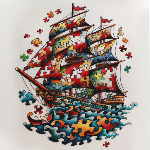Puzzle Journey, neo-traditional ship tattoo on the sea