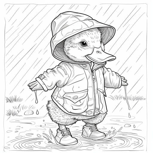 Duck in raincoat and boots splashing in puddles
