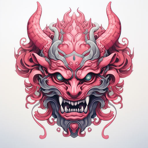 Pink & white demon, classic tattoo motifs, anime style