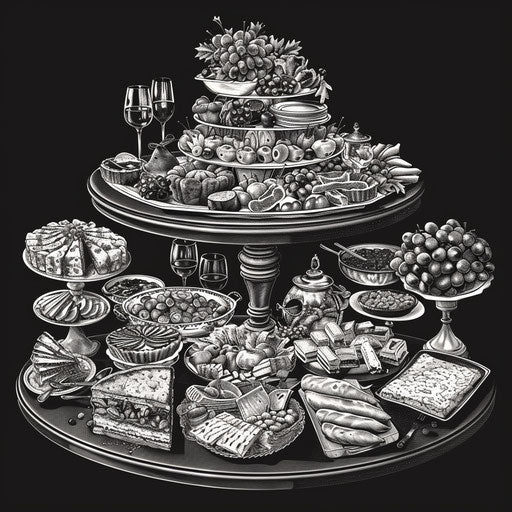 Potluck clipart in black and white on dark background