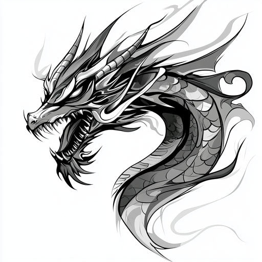 Tribal dragon tattoo sketch in grayscale on white background