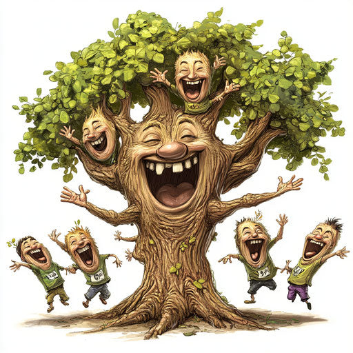 Humorous caricature of a family tree with human characteristics, exaggerated chin, dancing fingers, vibrant colors, cartoon style, laughing, high-resolution, no background, isolated