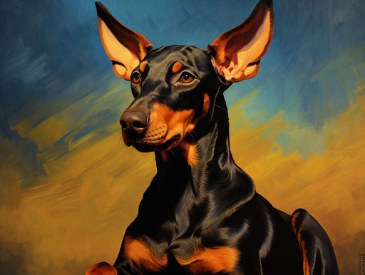 Doberman puppies available in California, in style of Elaine de Kooning