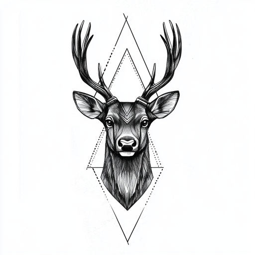 Sketch of cool small tattoos for men with a geometric stag head in dark tones on pure white background