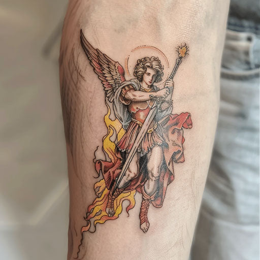 Vibrant color tattoo of Saint Michael with a flaming sword