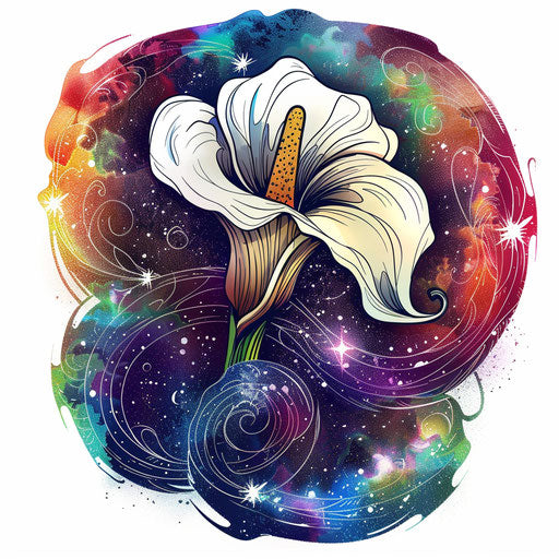 Clipart-style tattoo sketch of a calla lily with a cosmic galaxy background in swirling colors