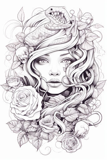 Woman's head and roses for coloring, cobra style, tangled forms