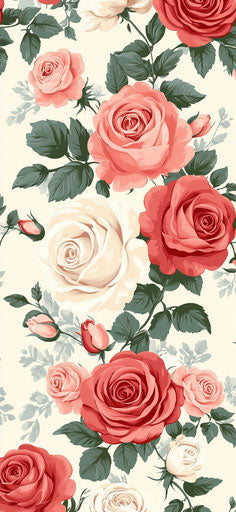 Pink rose pattern, central bouquet of red and white roses
