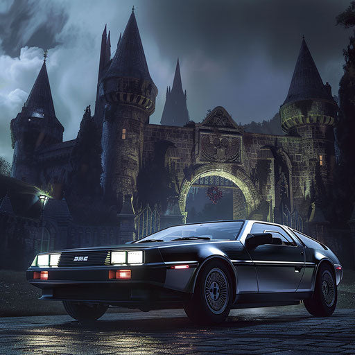 Gothic-inspired DeLorean DMC-12 outside medieval castle at night