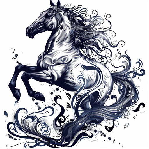 Elegant horse in motion, linework tattoo design on white background