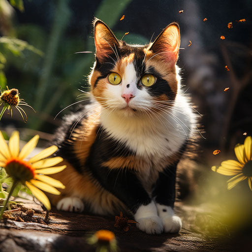 Calico cat staring at an insect
