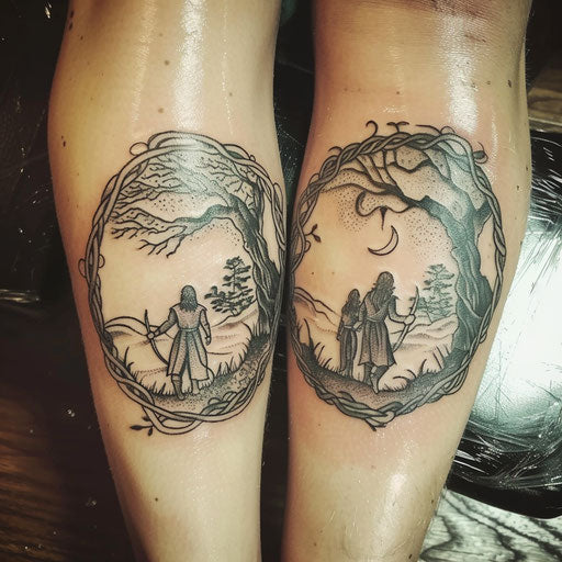 Sibling tattoos in the style of Peter Jackson with hobbit symbols