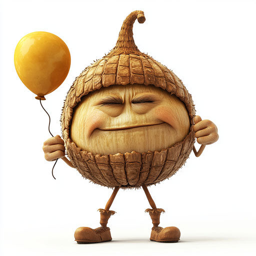 Humorous caricature of an acorn with human characteristics