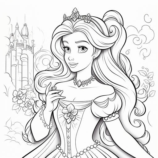Disney princess coloring pages, fairy tale illustration style, high quality photo, conceptual, pretty