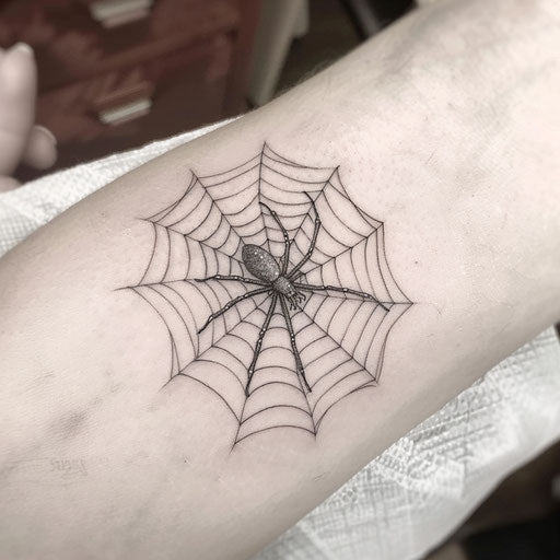 Spider web tattoo with detailed spider in center