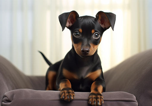 Black and brown miniature pinscher puppy on white couch