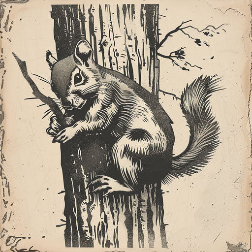 Flat tattoo sketch of a squirrel climbing a textured, rustic woodcut-style tree