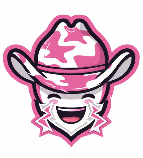 Pink and white vector logo of a cowboy emoji with lightning bolt hat, on white background