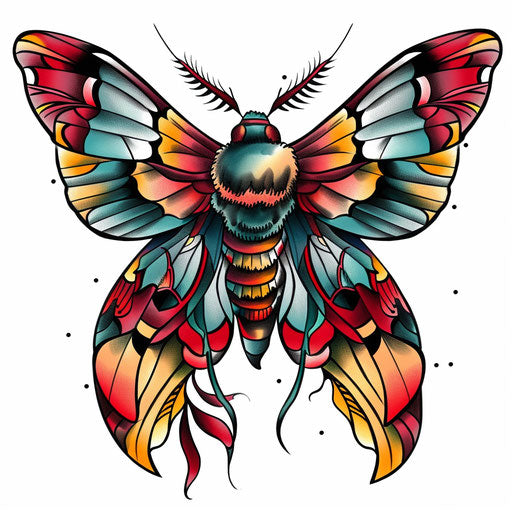 Neo-traditional death moth tattoo drawing with bold lines and bright colors on a crisp white background