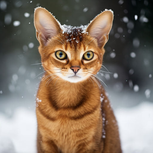 Abyssinian cat in the snow
