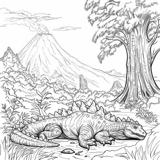 Godzilla sleeping by a volcano. Coloring book page
