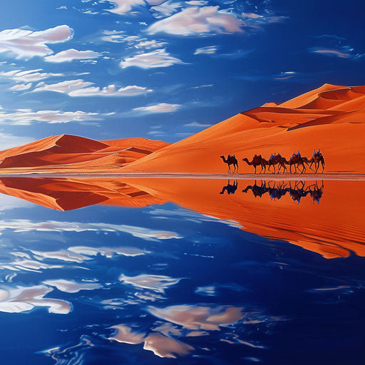 Camels reflecting on a serene desert mirage