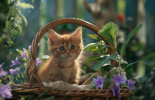 Basket with a small kitten and a purple flower