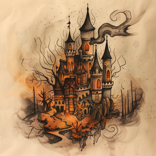 Heartwarming tattoo sketch of a small cozy castle with smoke, warm clipart style