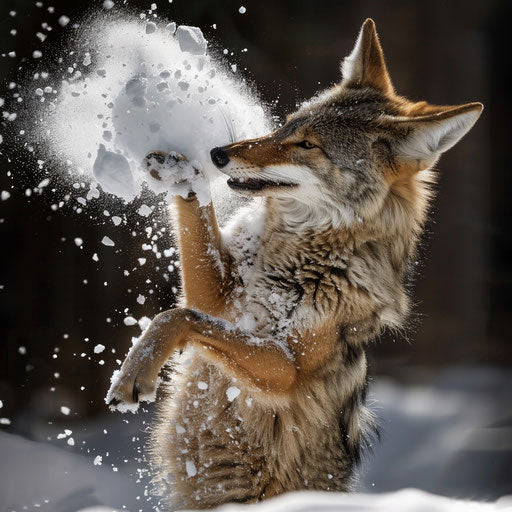 A coyote playing in the snowball fight