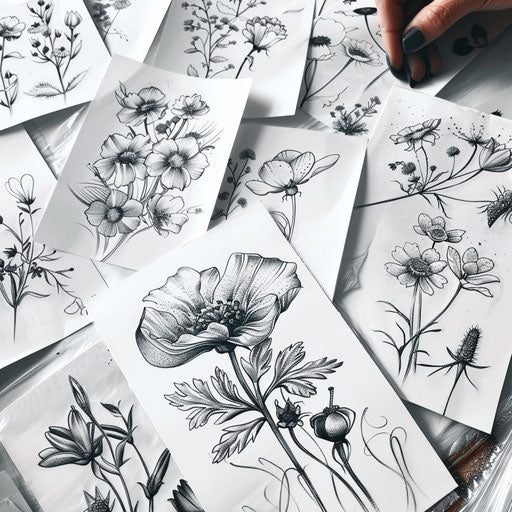 Wildflower tattoos in dotwork style on white backdrop