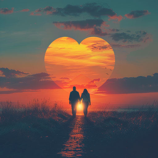 Glowing heart sunset over couple holding hands