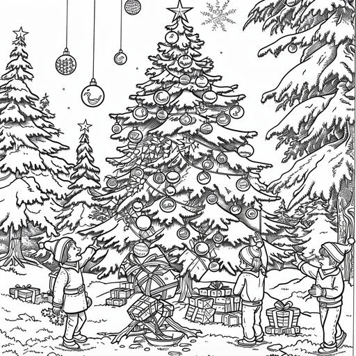 Elves decorating a giant Christmas tree
