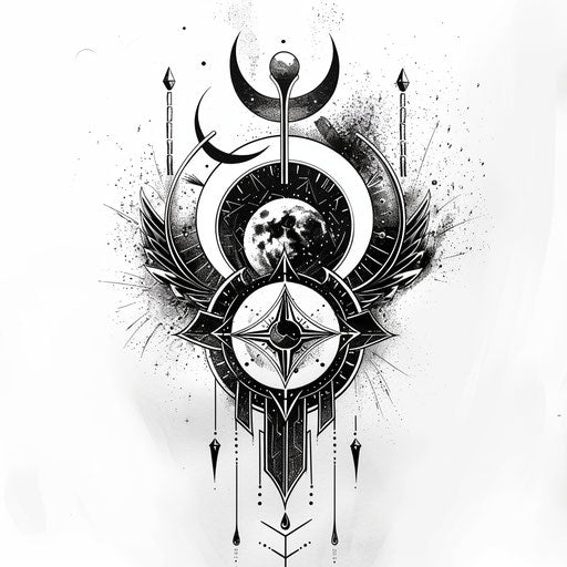 Contemporary tattoo design of an eclipse in monochrome