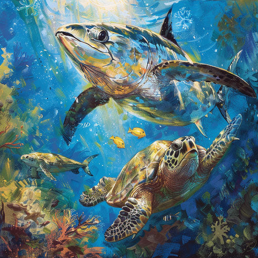 Peaceful encounter of yellowfin tuna and curious sea turtle