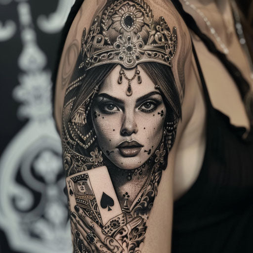 Realistic queen of spades tattoo on white synthetic skin